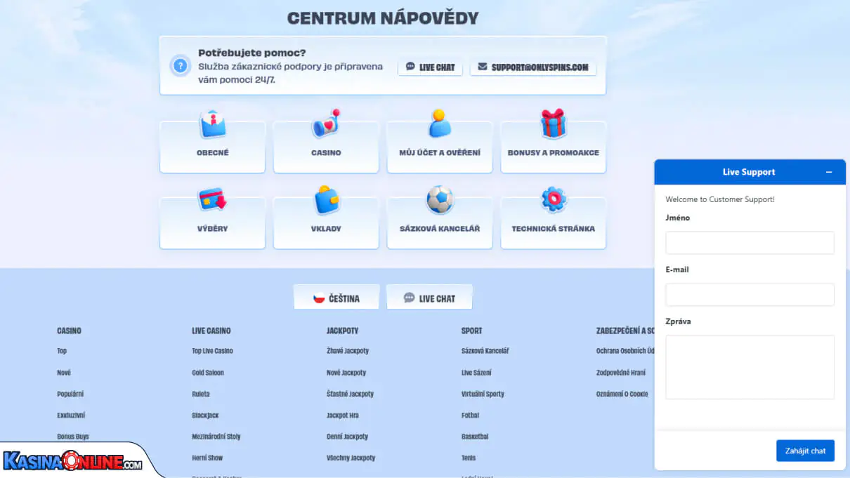 OnlySpins Кasino Zákaznická podpora
