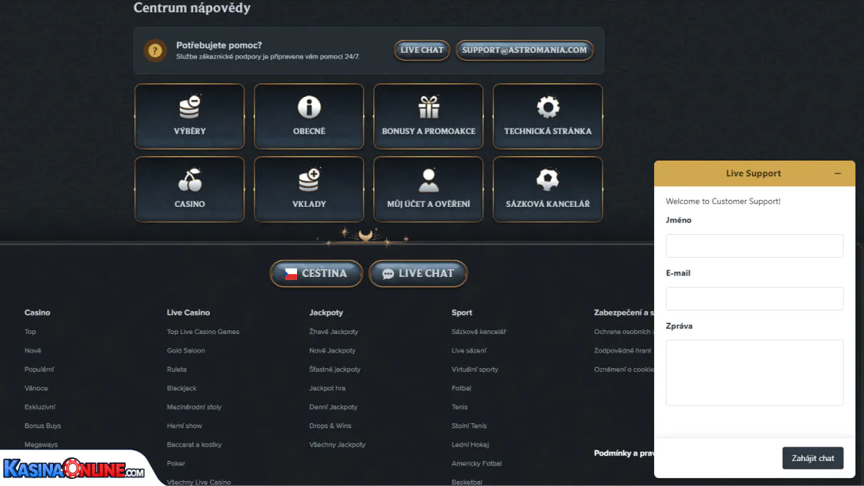 AstroMania Кasino Zákaznická podpora