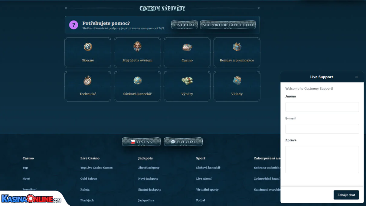 BetAlice Кasino Zákaznická podpora