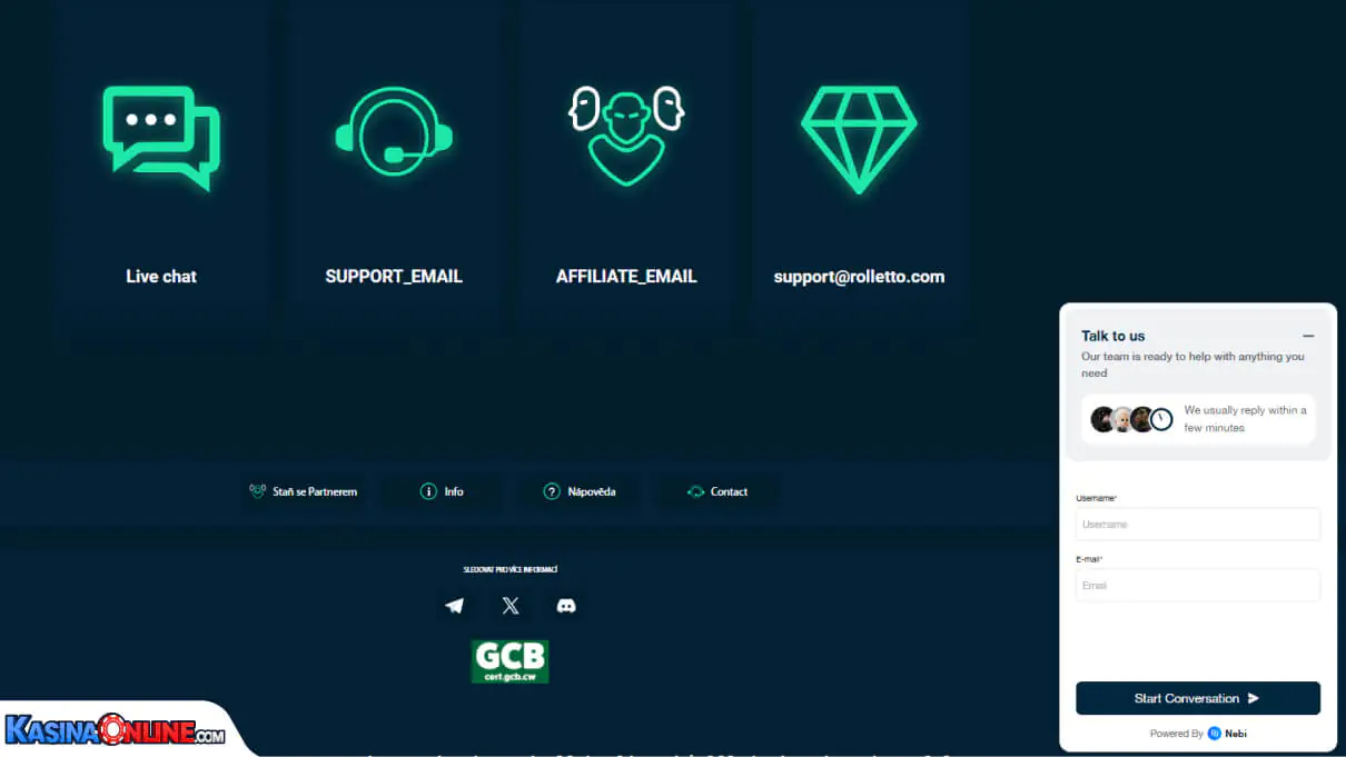 Rolletto Кasino Zákaznická podpora