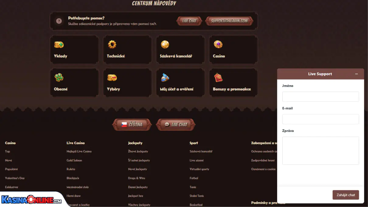 Alawin Кasino Zákaznická podpora