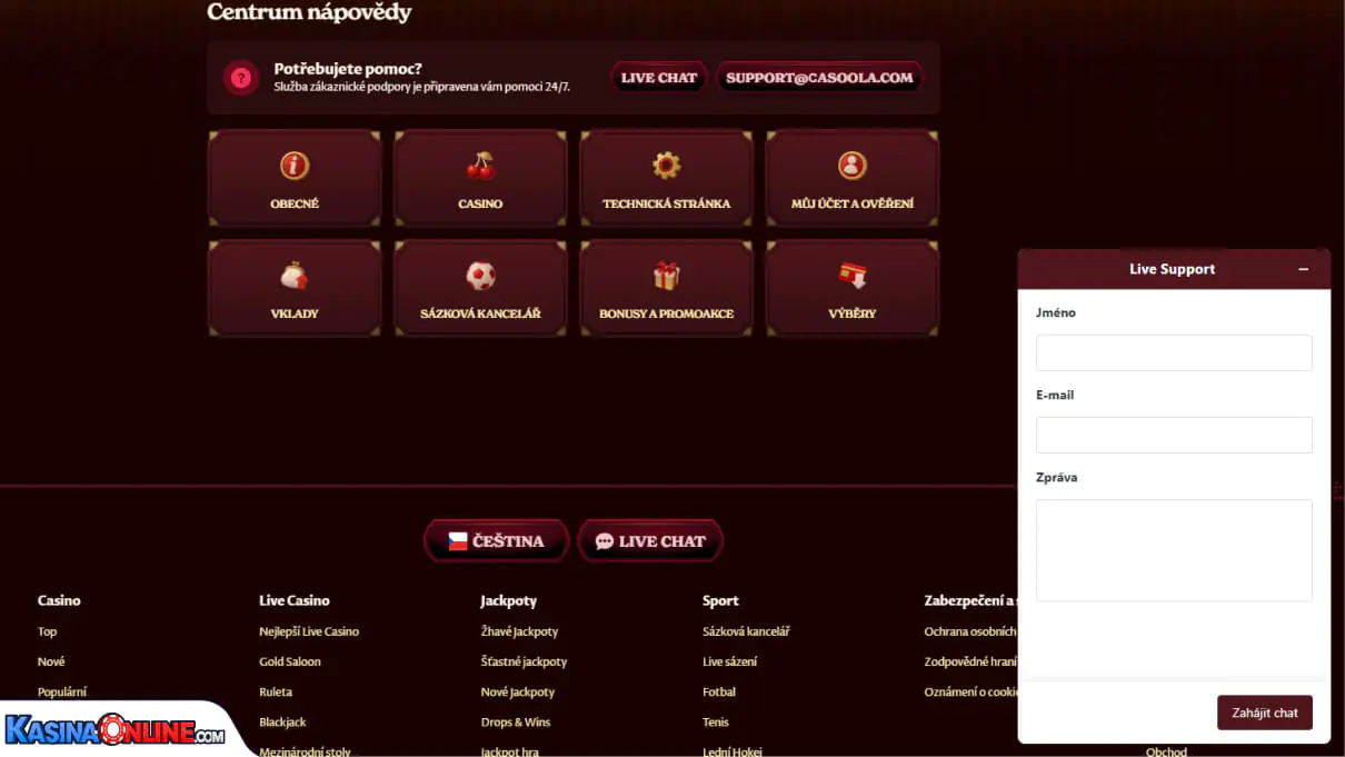 Casoola Кasino Zákaznická podpora