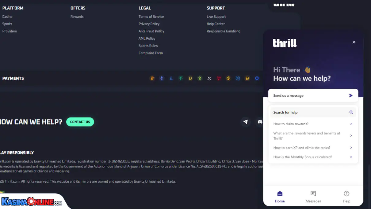 Thrill Кasino Zákaznická podpora