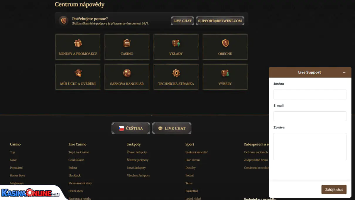 BetWest Кasino Zákaznická podpora